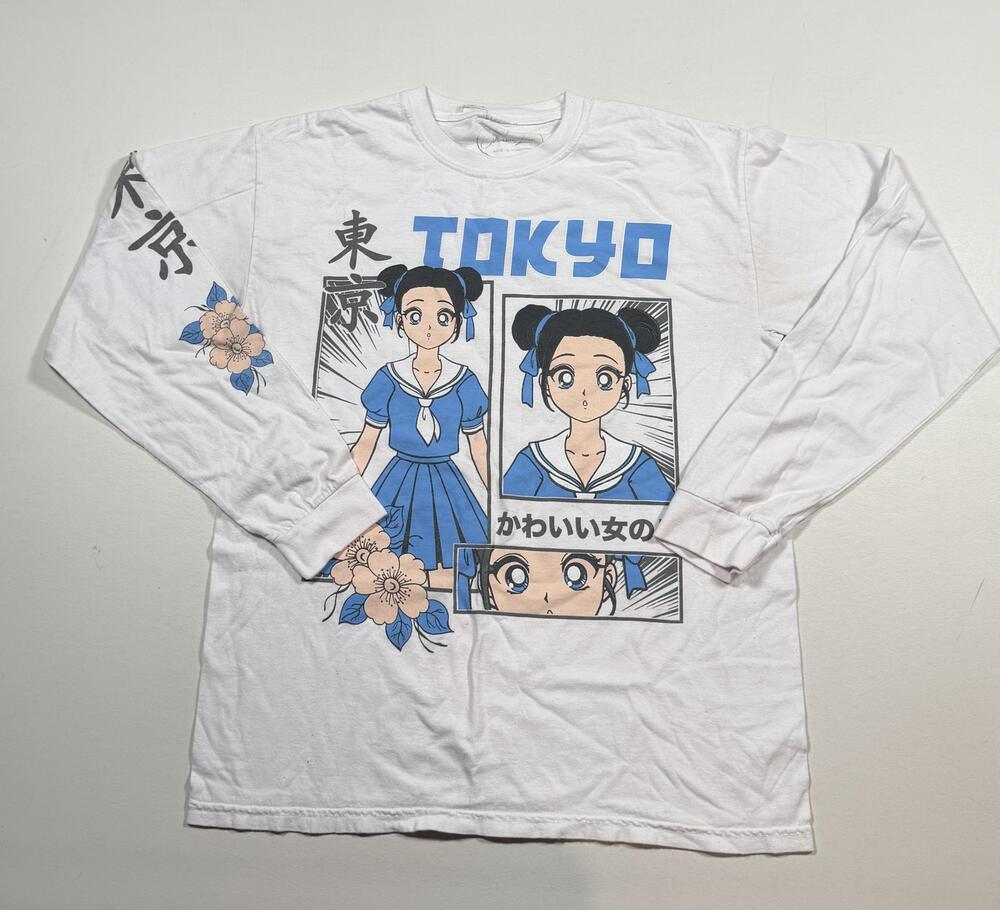 Obsessive Love Shirt Mens Small White Crew Neck Tokyo Anime Long Sleeve Top